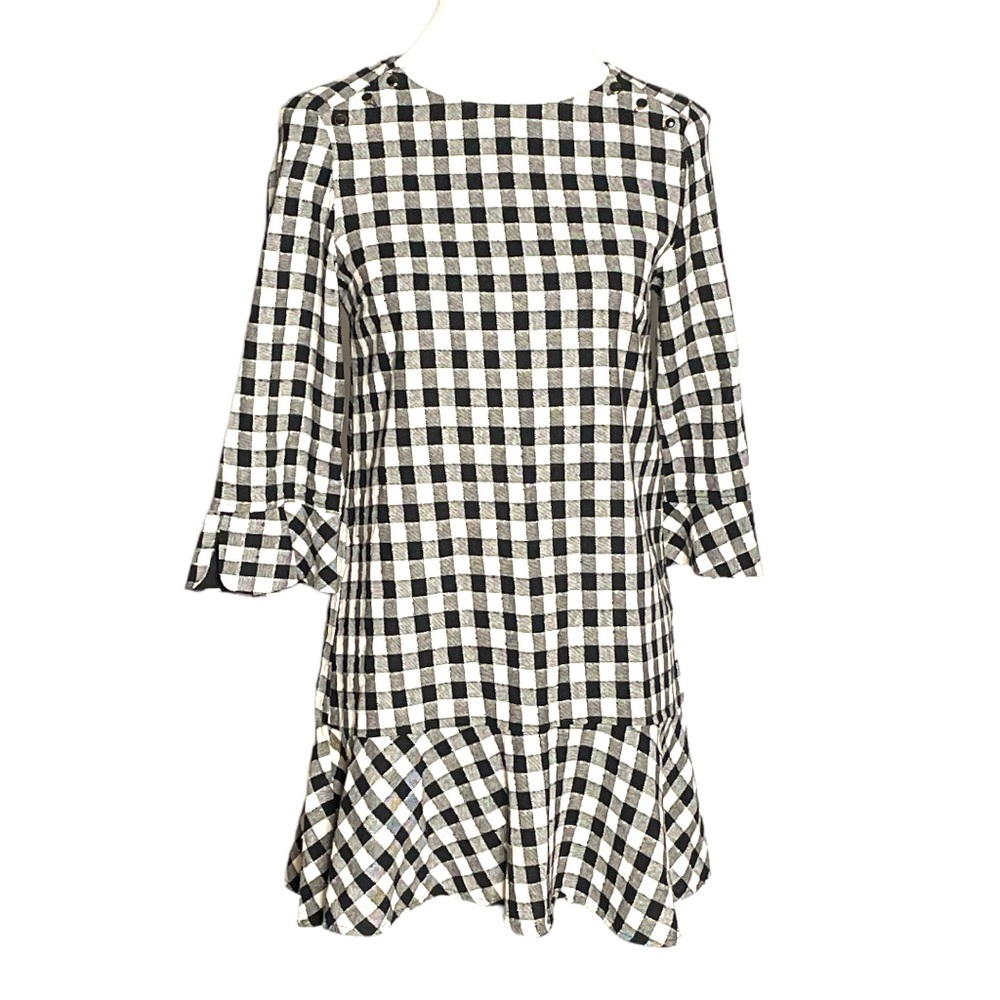 Zara Basics Gingham Bell Sleeve Mini Dress Black White Size XSmall - Picture 8 of 8